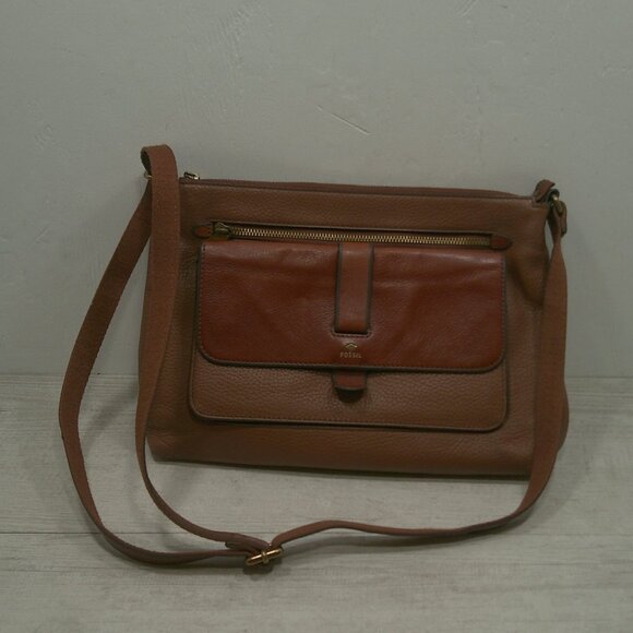 Vintage Retired Fossil 2 Tone Brown Leather Crossbody Bag Purse Pocketbook - Picture 2 of 11